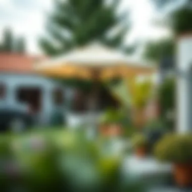 Stylish Koçtaş umbrella stand in a garden setting